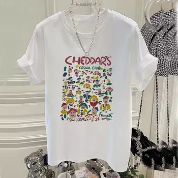 2025 Летняя футболка с забавным мультяшным принтом для женщин Harajuku из чистого хлопка свободного покроя, женская роскошная одежда, белый черный Y2k Топы уличная одежда M белый