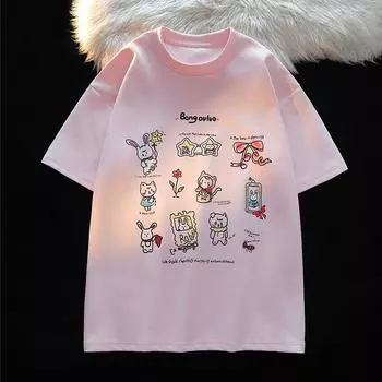 2025 Летняя футболка с забавным мультяшным принтом для женщин, одежда высокого качества 220G 100% хлопок, футболка Harajuku, свободная футболка, розовые топы Y2k, уличная одежда S серый