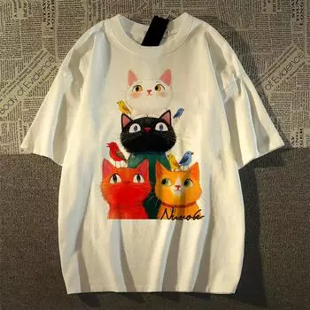 2025 Летняя футболка с забавным принтом мультяшного кота для женщин, одежда, высококачественные футболки из 100% хлопка, футболка Harajuku большого размера, топы Y2k, уличная одежда в стиле хип-хоп S белый