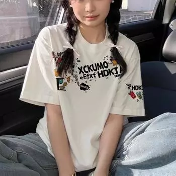 2025 Летняя футболка с забавным принтом в виде мультяшных букв для женщин, одежда Harajuku, футболка большого размера, высокое качество, 200 г, 100% хлопок, белая футболка, топы Y2k M