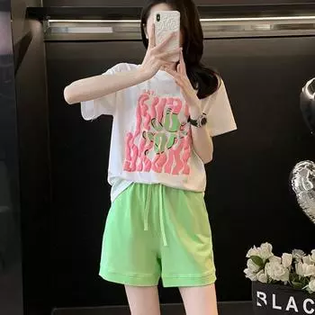 2025 летняя корейская футболка с коротким рукавом и шорты с принтом, комплект из двух предметов для бега для молодой девушки, академический стиль, повседневные свободные белые спортивные костюмы для женщин M