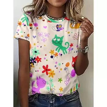 2025 Летняя мода 3D-печатный мультяшный узор Топ Повседневная свободная футболка с круглым вырезом Уличная простая женская футболка в стиле Харадзюку XXS