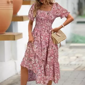 2025 Летняя мода Эластичное платье сексуальное квадратный вырез рукав-фонарик свободные вечерние макси платье женщины цветочный принт богемный пляжные платья S