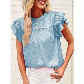 2025 Летняя мода с леопардовым принтом женская блузка новая повседневная простая рубашка с оборками на рукавах плиссированный женский топ больших размеров свободная женская одежда 3670 S
