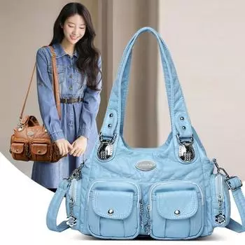 2025 Летняя мода Синие сумки через плечо для женщин Маленькая сумка-шоппер Однотонная мягкая кожаная сумка через плечо Женская дорожная сумка-тоут чёрный