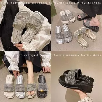 2025 летняя мода стразы слово с толстой подошвой танкетка женские босоножки с открытым носком маффин тонкие высокие каблуки плоские тапочки женские 34 золотой