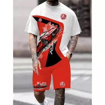 2025 Летняя мужская и женская футболка для гонок с 3D-принтом, круглый вырез, комплект, летняя спортивная одежда с коротким рукавом для активного отдыха S