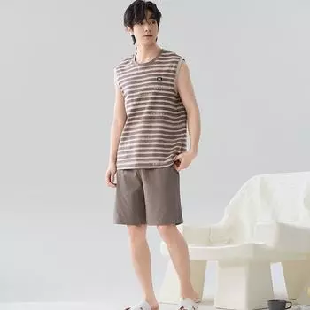 2025 летняя мужская пижама в полоску из чистого хлопка для отдыха с эластичным поясом для мальчиков, майки и шорты, мягкая пижама, домашняя одежда M