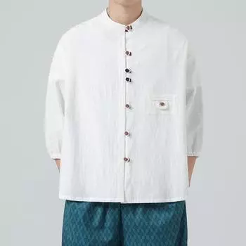 2025 Летняя мужская рубашка Традиционная китайская одежда Мужская хлопковая рубашка в стиле тайцзи Тан, топы, восточные рубашки ханьфу с коротким рукавом 2XL серый