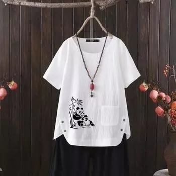 2025 летняя новая футболка с принтом панды из мультфильма, женская повседневная футболка из хлопка и конопли с V-образным вырезом S белый