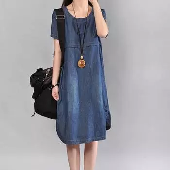 2025 летняя новая корейская версия большого размера женская одежда хлопковая стираная джинсовая юбка свободная круглая горловина короткий рукав среднее и длинное платье M синий