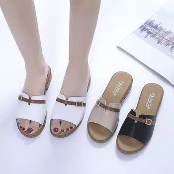 2025 летняя новая корейская версия модной женской обуви повседневные односимвольные пряжки на ремне классные тапочки с круглой головкой и квадратной пряжкой 35 белый
