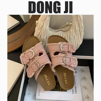 2025 летняя новая мода джинсовая пряжка на толстой подошве верхняя одежда плоская подошва классные тапочки женская обувь 34 хаки