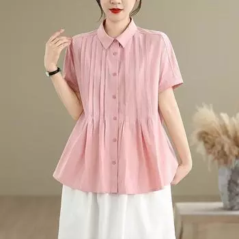 2025 летняя новая однотонная рубашка из хлопка и льна женская японская универсальная тонкая повседневная рубашка с лацканами и короткими рукавами M розовый