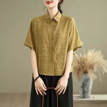 2025 летняя новая рубашка большого размера в полоску из жаккарда, женская повседневная универсальная рубашка с воротником поло и короткими рукавами, кардиган M жёлтый