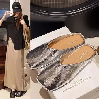 2025 летняя новая сумка верхняя одежда на плоской подошве низкий каблук одна педаль ленивые классные тапочки женские полуперетаскиваемые заостренные головные уборы сетка hengming 35