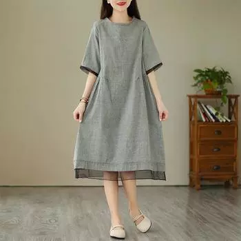 2025 летняя новая свободная и тонкая юбка А-образного силуэта с круглым вырезом, корейское литературное повседневное платье из хлопка и льна в сетку «тысяча птиц», для женщин M
