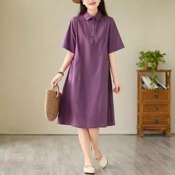 2025 летняя новая свободная женская одежда больших размеров средней и длинной длины, однотонная повседневная одежда из хлопка и льна с короткими рукавами для женщин M фиолетовый