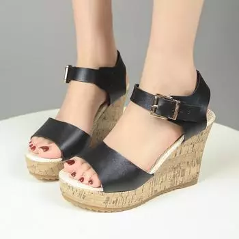 2025 летняя новая женская обувь на толстой подошве с танкеткой, импортная торговля, большие размеры, женская обувь с одним словом, пряжка, рыбий рот, классная женская обувь 35 чёрный