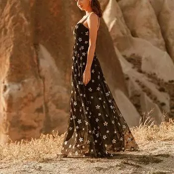 2025 летняя новая женская одежда ebay пятиконечная звезда сетчатое платье на подтяжках перспектива темперамент длинное платье S чёрный