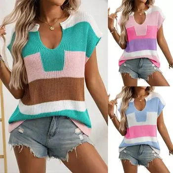 2025 летняя новая женская одежда маленький U-образный вырез допамин контрастный цвет повседневный короткие рукава короткие рукава S зелёный