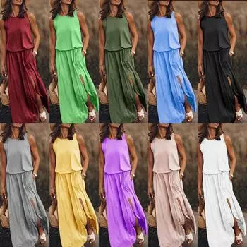 2025 летняя новая женская одежда платье без рукавов с круглым вырезом, раздвоенное по краям, многоцветное однотонное длинное платье S белый