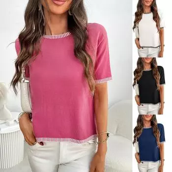 2025 летняя новая женская одежда пуловер с коротким рукавом круглый вырез короткий рукав полосатый трикотажный короткий рукав S розы красного