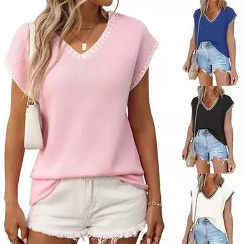 2025 летняя новая женская одежда пуловер с V-образным вырезом и коротким рукавом в полоску трикотажный с коротким рукавом S