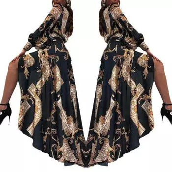 2025 летняя новая женская одежда ретро-платье в стиле суда с принтом, длинными рукавами и разрезом на талии S чёрный