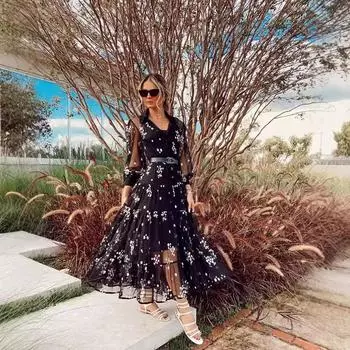 2025 летняя новая женская одежда с длинными рукавами и глубоким V-образным вырезом облегающее платье средней и длинной длины S чёрный