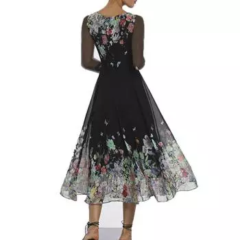 2025 летняя новая женская одежда с принтом сексуальное полое облегающее платье с длинными рукавами кружевная юбка-маятник S чёрный