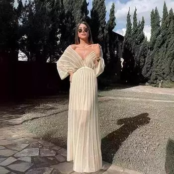 2025 летняя новая женская одежда сексуальное и тонкое платье с V-образным вырезом, рукав-шаль, белая юбка S белый