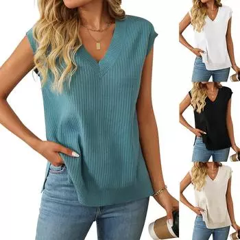 2025 летняя новая женская одежда V-образный вырез без рукавов повседневный свободный пуловер короткий рукав жилет S чёрный