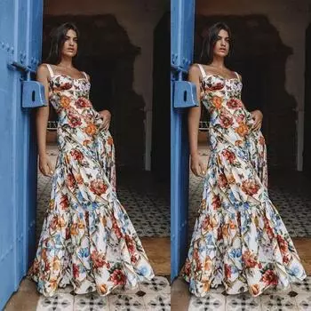 2025 летняя новая женская одежда wish сексуальное длинное платье без рукавов на подтяжках с принтом S