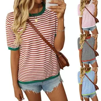 2025 летняя новая женская одежда женская с круглым вырезом в полоску контрастные короткие рукава повседневная с короткими рукавами S