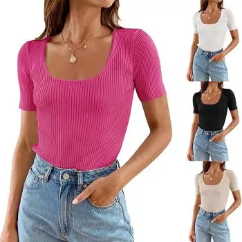 2025 летняя новая женская одежда женская U-образная горловина низ облегающий базовый короткий рукав S белый