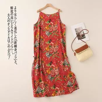 2025 летняя новинка северо-восточная юбка на подтяжках из хлопка и льна с крупным цветком, женская свободная и тонкая юбка без рукавов с принтом M ярко-красный
