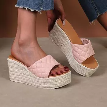 2025 Летняя обувь Босоножки на высоком каблуке на плоской платформе Модные женские туфли для вечеринок Босоножки на танкетке 9 см Большой размер 42 Желтый Синий Розовый 35 чёрный