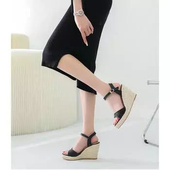 2025 Летняя обувь Босоножки на высоком каблуке с открытым носком на плоской платформе Модные женские туфли для вечеринок Босоножки на танкетке 9 см Большой размер 42 35 чёрный