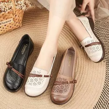 2025 летняя обувь для новой мамы сандалии с полыми отверстиями кожаные туфли на мягкой подошве для женщин среднего возраста и пожилых людей удобные плоские туфли 35 бежевый