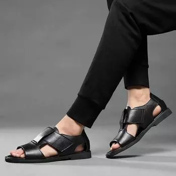 2025 Летняя обувь Мужские сандалии Плоские нескользящие летние праздничные туфли Мягкая модная брендовая мужская обувь Чистый черный цвет 39 чёрный