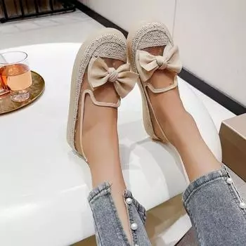 2025 Летняя обувь Женская теннисная женская повседневная обувь Кроссовки с бантом Женские туфли без застежек Мягкие туфли на плоской подошве с круглым носком Дышащая обувь на платформе 35 бежевый