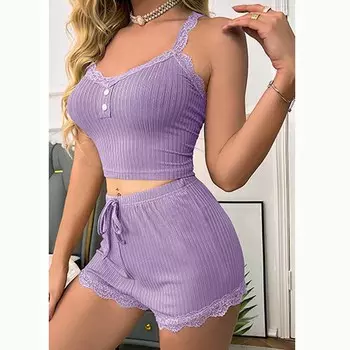 2025 летняя однотонная кружевная пижама с плетением для женщин, домашняя одежда, сексуальные облегающие топы и шорты из 2 предметов, короткая пижама, одежда для сна, домашняя одежда S