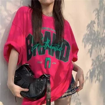 2025 летняя повседневная футболка большого размера из чистого хлопка с коротким рукавом Футболки женские harajuku с принтом букв y2k топы хип-хоп уличная одежда S розы красного