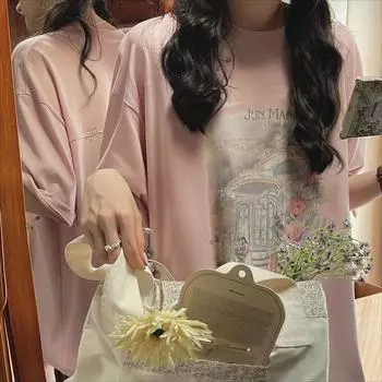 2025 летняя повседневная футболка большого размера женская из чистого хлопка с коротким рукавом футболки для женщин harajuku цветочный принт y2k топы хип-хоп уличная одежда S розовый