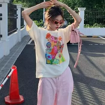 2025 летняя повседневная футболка большого размера из чистого хлопка с коротким рукавом Футболки женские harajuku окрашенные с принтом белые черные топы y2k хип-хоп уличная одежда S абрикосовый