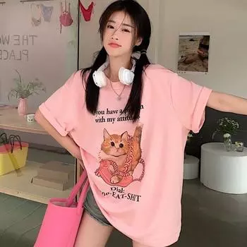 2025 летняя повседневная футболка большого размера из чистого хлопка с коротким рукавом футболки для женщин harajuku милый мультяшный принт кота розовые топы y2k хип-хоп уличная одежда S розовый