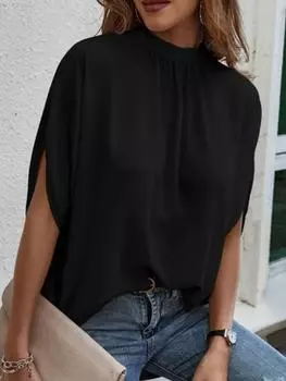 2025 Летняя повседневная свободная женская блузка с рукавами «летучая мышь» и принтом в виде О-образного выреза, топ для офисных леди, новые однотонные блузки, элегантный топ S синий