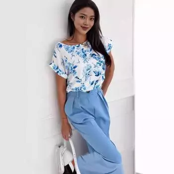 2025 летняя простая модная блузка с круглым вырезом и принтом S