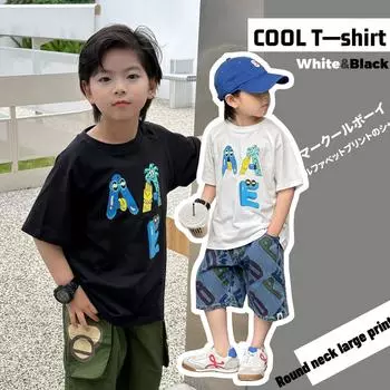 2025 Летняя японская модная детская футболка с круглым вырезом и принтом в виде мультфильма 120 cm чёрный